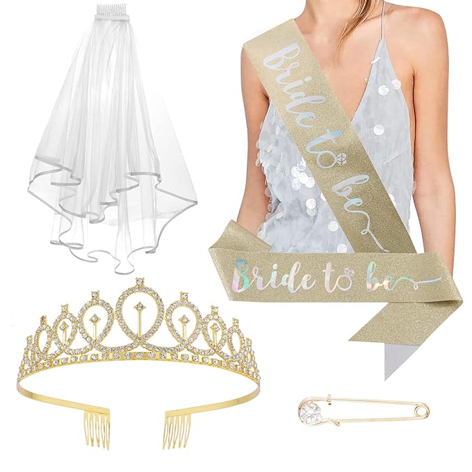 CIEHER Crown + Bride to Be Sash + Wedding Veil Set, Bachelorette Party Bridal Shower Decorations Bride to Be Gifts - Gold