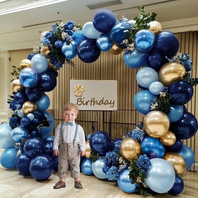 Navy Blue Gold Balloon Arch Kit - Double Stuffed Royal Dusty Blue Gold Balloon Garland Latex Pastel Dark Different Sizes for Graduation Birthday Wedding Baby Shower Anniversary Father's Day Decor