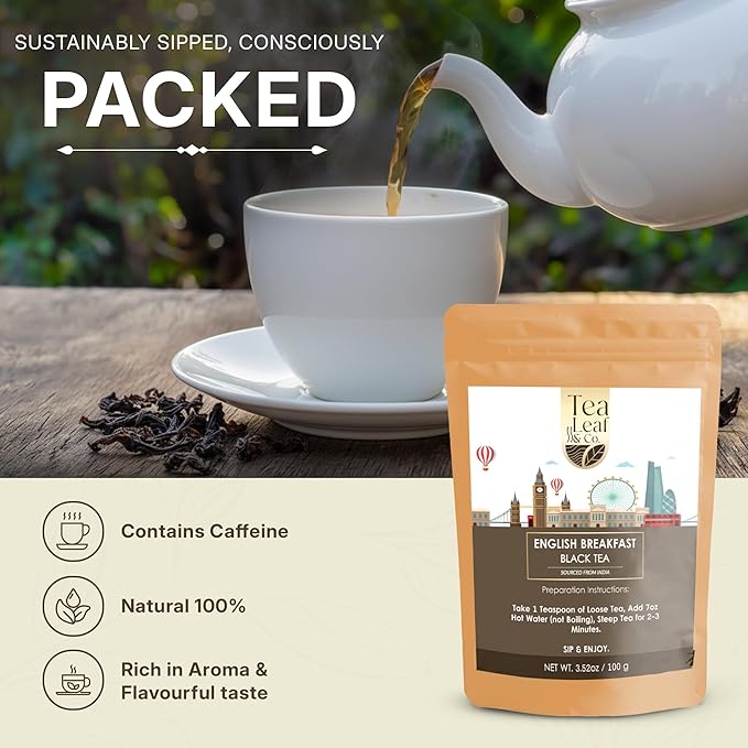 Tealeaf & Co. English Breakfast Black Tea - English Breakfast Tea in Loose Leaf Form - Contains Low Caffeine - Upto 50 Servings - Gluten Free (3.52oz/100gm)