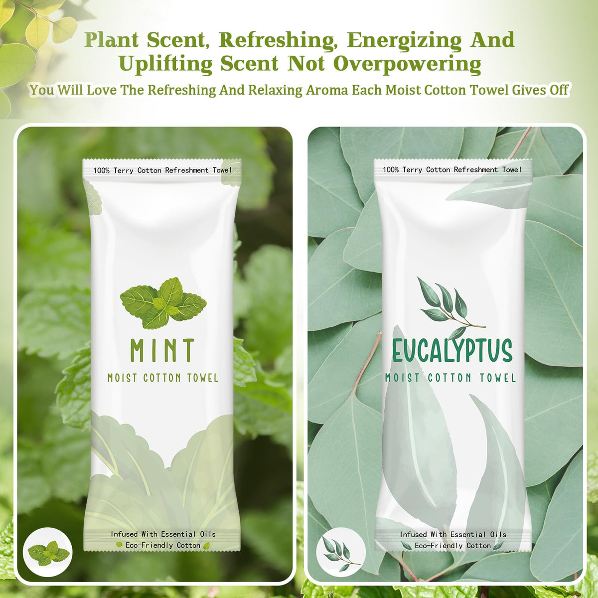 Timgle 50 Pcs Moist Towelettes Individually Wrapped Scented Disposable Face Towels Essential Oil Infused Moist Terry Cotton Towel for Use Hot or Cold Travel Body Spa(Mint, Eucalyptus Leaves)