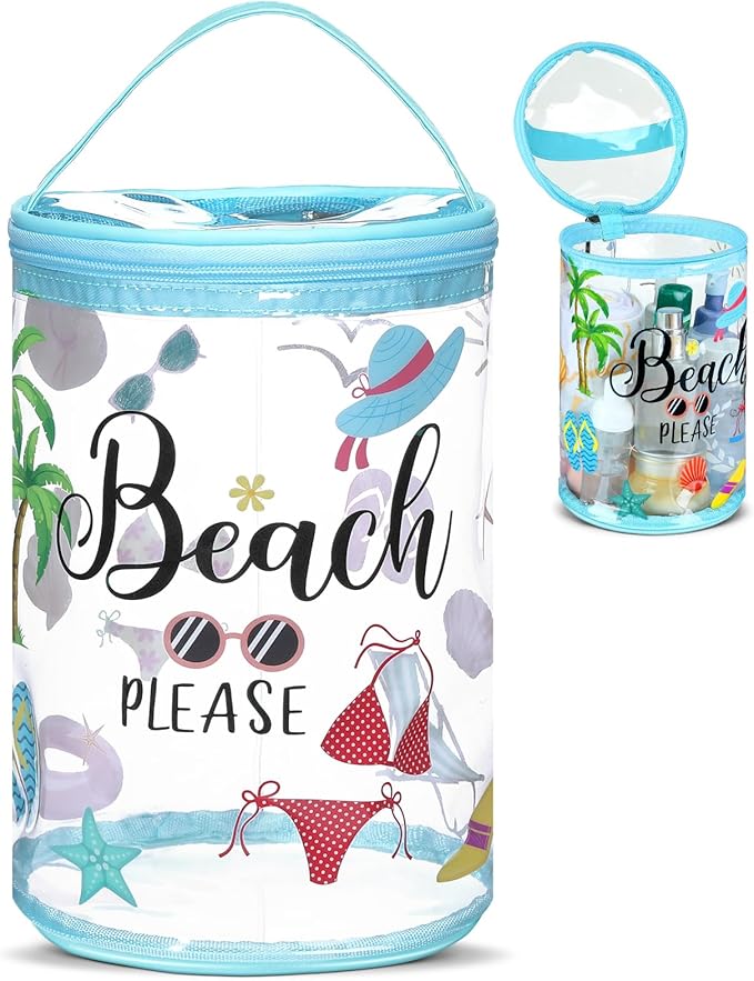 Sanwuta Beach Gifts Heavy Duty Clear Lotion Toiletry Bags for Travel Sunscreen Makeup Cosmetic Pouch Cylinder Bag Waterproof Portable Trip Bag with Handle Zipper(Beach Please)