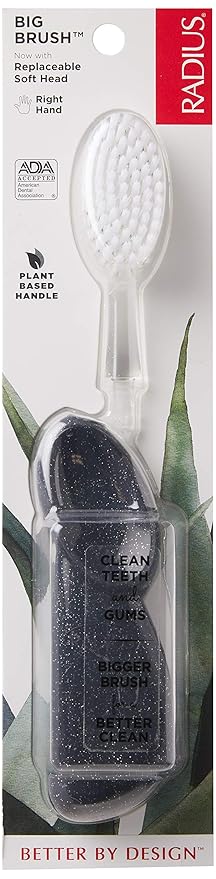 RADIUS Toothbrush Big Brush with Replaceable Head, Right Hand, Soft in Black Sparkle, BPA Free and ADA Accepted, Designed to Improve Gum Health and Reduce The Risk of Gum Disease