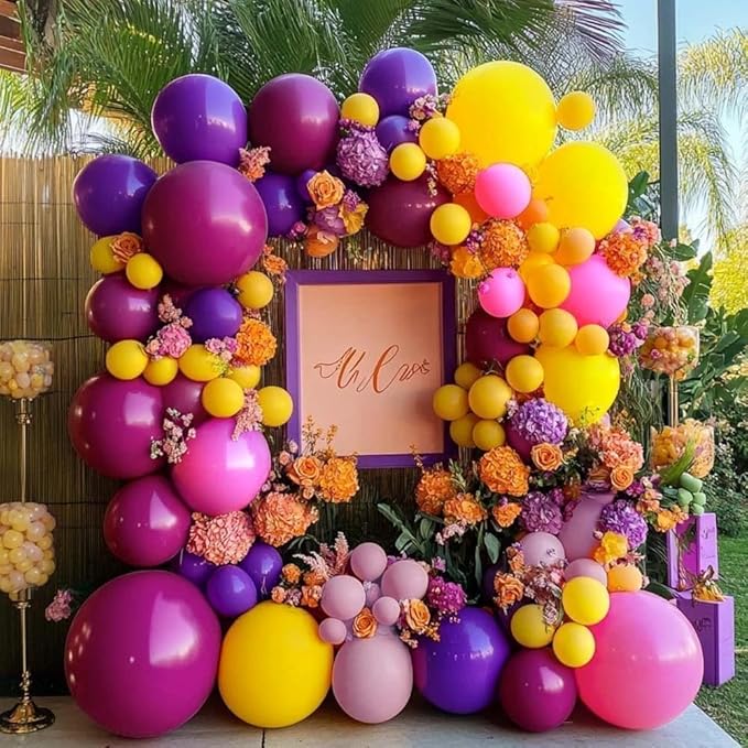 Pink Yellow Balloon Arch - Double Stuffed Hot Pink Purple Balloons Different Size Latex Magenta Balloon Garland for Happy Birthday Baby Shower Wedding Fall Mexican Party Decorations