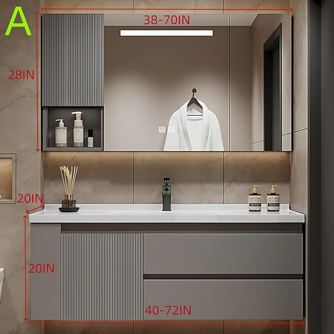 52IN Suspended Bathroom Cabinet Combo Set - Fully Functional LED Mirror with Smart Defogging & Time Display | Bathroom Vanity with Sink,Side Cabinet Storage Compartment (Style A)