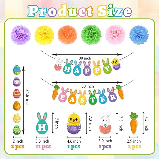 25Pcs Easter Decorations Set with Happy Easter Banner, Easter Egg Garland, Pompoms & Hanging Swirls for Home, Classroom, Easter Party Decorations Indoor