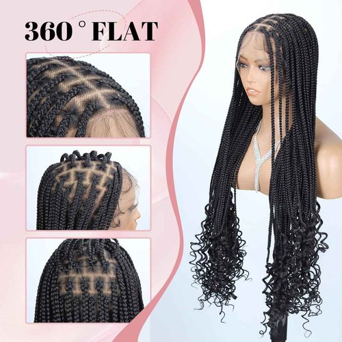 QUISDUIS Box Braided Wigs curly ends 32 inch 13X8 Lace Braid Wigs for Black Women Square Knotless Box Braid Wig with Baby Hair Handmade Synthetic Hair Blended Lace Front Wig Natural Black