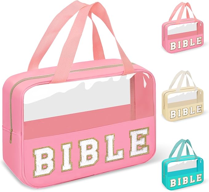 Chenille Letter Bible Bag Cover Case for Women,Preppy Bible Study Supplies Church Bag Purse Bible Accessories with Handle Zipper,Waterpoof Travel Makeup Bag Christmas Christian Gifts(BIBLE-Pink)