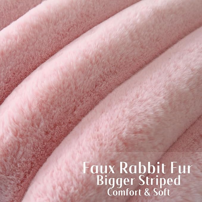 FUTEI Pink Decorative Throw Pillow Covers 12x20 Inch Set of 2, Square Soft Faux Rabbit Fur Thick Striped Lumbar Pillow Case,Winter Home Decor for Couch Bed Living Room
