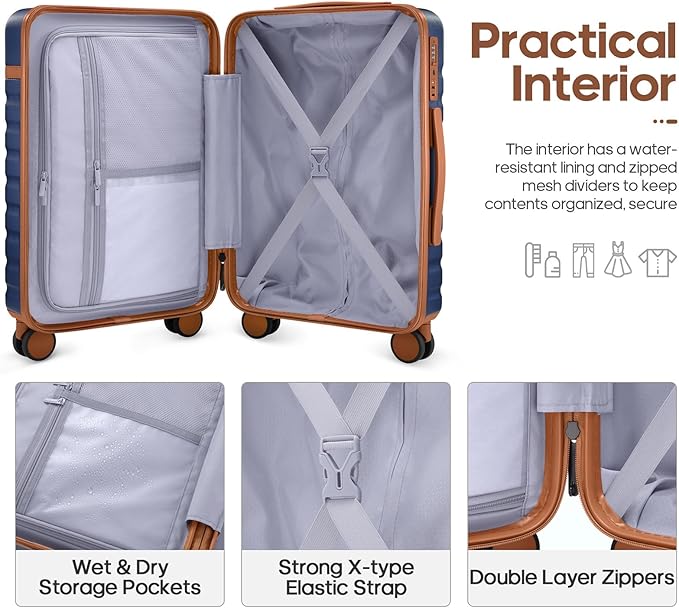 UKEIN Luggage Sets 3 Piece, Carry On Luggage 20In With Spinner Wheels,PC Hardside Suitcase Set with TSA Lock,Durable Carry On Suitcase With Travel Backpack for Men (Blue, 3 piece set (20inch))