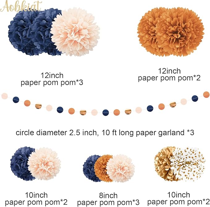 AOBKIAT Boho Fall Wedding Party Decorations,15PCS Navy Blue Orange Tissue Paper Pom Poms Colorful Paper Garland String Hanging Backdrop for Baby Shower,Bridal Shower,Gardens Celebration