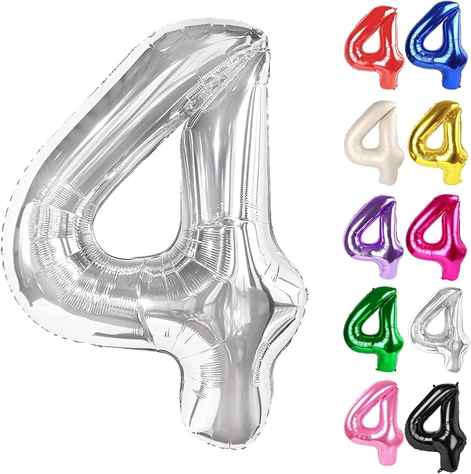 Silver Number 4 Balloon 40 Inch, 4 Balloon Number, 4th Birthday Decorations, Silver Party Supplies for Boys Girls