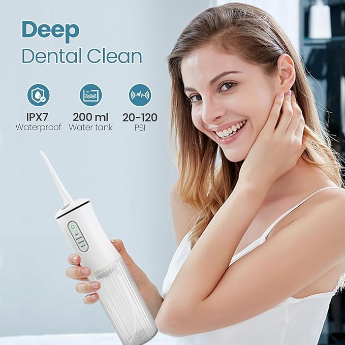 Cordless Water Flosser for Teeth Cleaning Pick - Electric Dental Irrigator with 4 Cleaning Modes & 8 Jet Tips, IPX7 Waterproof, Portable Rechargeable Design for Home & Travel Use,White