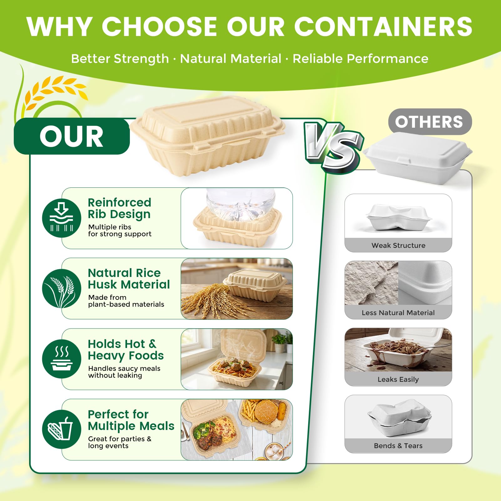Clamshell Take Out Food Containers, 50 Pack-22oz Disposable Meal Prep Containers Natural Rice Husk Material Durable To Go Containers for Pasta Salad Snacks Taco Chinese Food Restaurants 8"X6"X2.5"