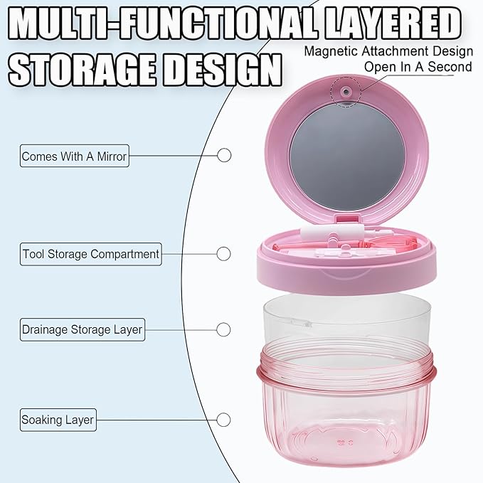 Denture Case, Leak-Proof Denture Bath Cup for Travel, Large-Capacity Denture Storage Cup, Comprehensive Cleaning Kit for Dentures, Retainers and Night Guards