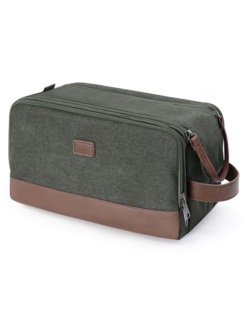 WANDF Toiletry Bag for Men Travel Toiletry Organizer Canvas and Leather Dopp Kit Water-Resistant Shaving Bag for Travel Accessories (Green, Large)