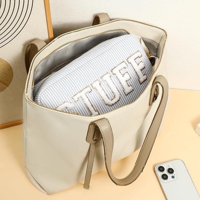 uekeboag Seersucker Chenille Letter Stuff Meds RX Makeup Bag, Travel Washable Purse Organizer with Zipper, Lightweight Toiletry Cute Personalized Preppy Cosmetic Bag For Women and Girls(01Blue Stuff)