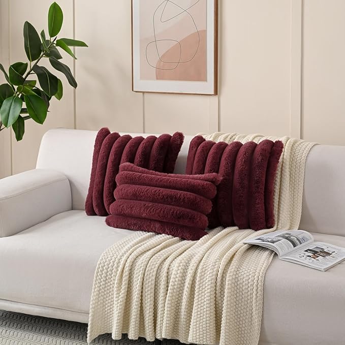 FUTEI Christmas Burgundy Decorative Throw Pillow Covers 24x24 Inch Set of 2, Square Soft Faux Rabbit Fur Thick Striped European Cushion Covers,Winter Home Decor for Couch Bed Living Room