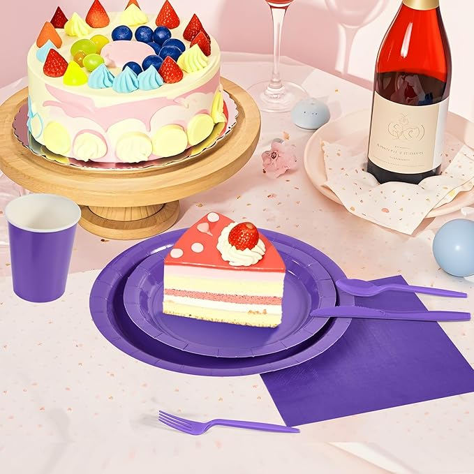 Ottin 169PCS Purple Christmas Party Supplies for 24 Guests – Disposable Paper Plates, Napkins, Cups, Forks, Knives, Spoons & Tablecloth for Birthday, Wedding, Thanksgiving, Christmas, and New Year