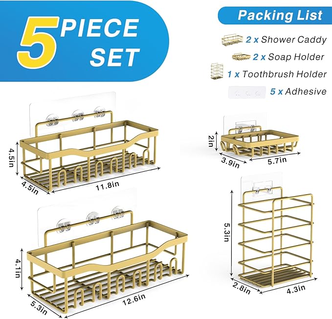 EUDELE 5-Pack Rustproof Stainless Steel Shower Caddy – No Drill Adhesive Bathroom Organizer with Large Capacity, Spacious Shower Shelves for Inside Shower, Kitchen & Home Decor Storage-XL Size
