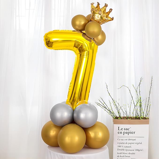 Gold 40 Inch Number 7 Balloon, Premium Mylar Foil Balloon for Birthday, Anniversary Party Decorations, Reusable Self-Sealing