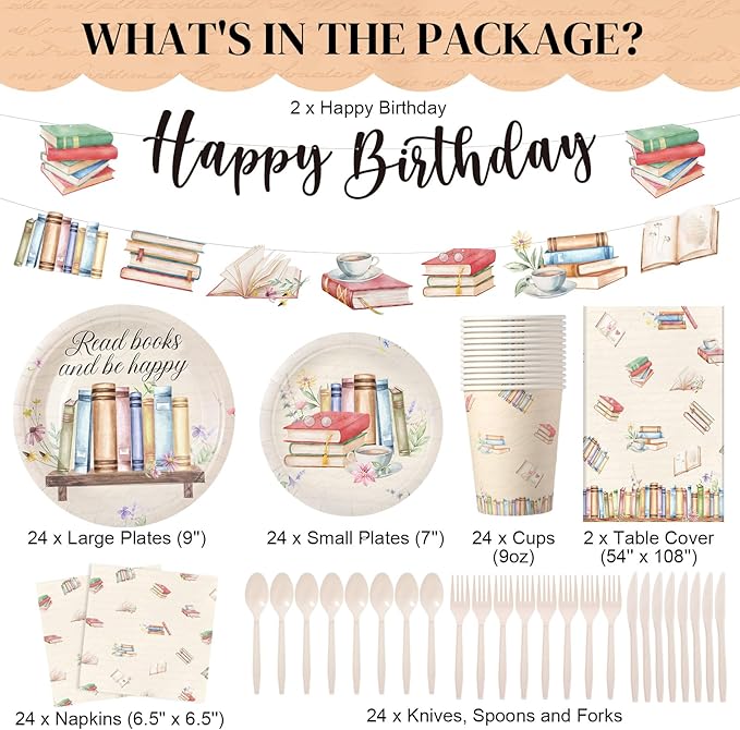 Zhehao 172 Pcs Book Themed Birthday Decorations 24 Set Book Birthday Party Tableware Included Disposable Tablecloths Plates Cups Napkins Banners Cutlery for Library Reading Storybook Party Decor
