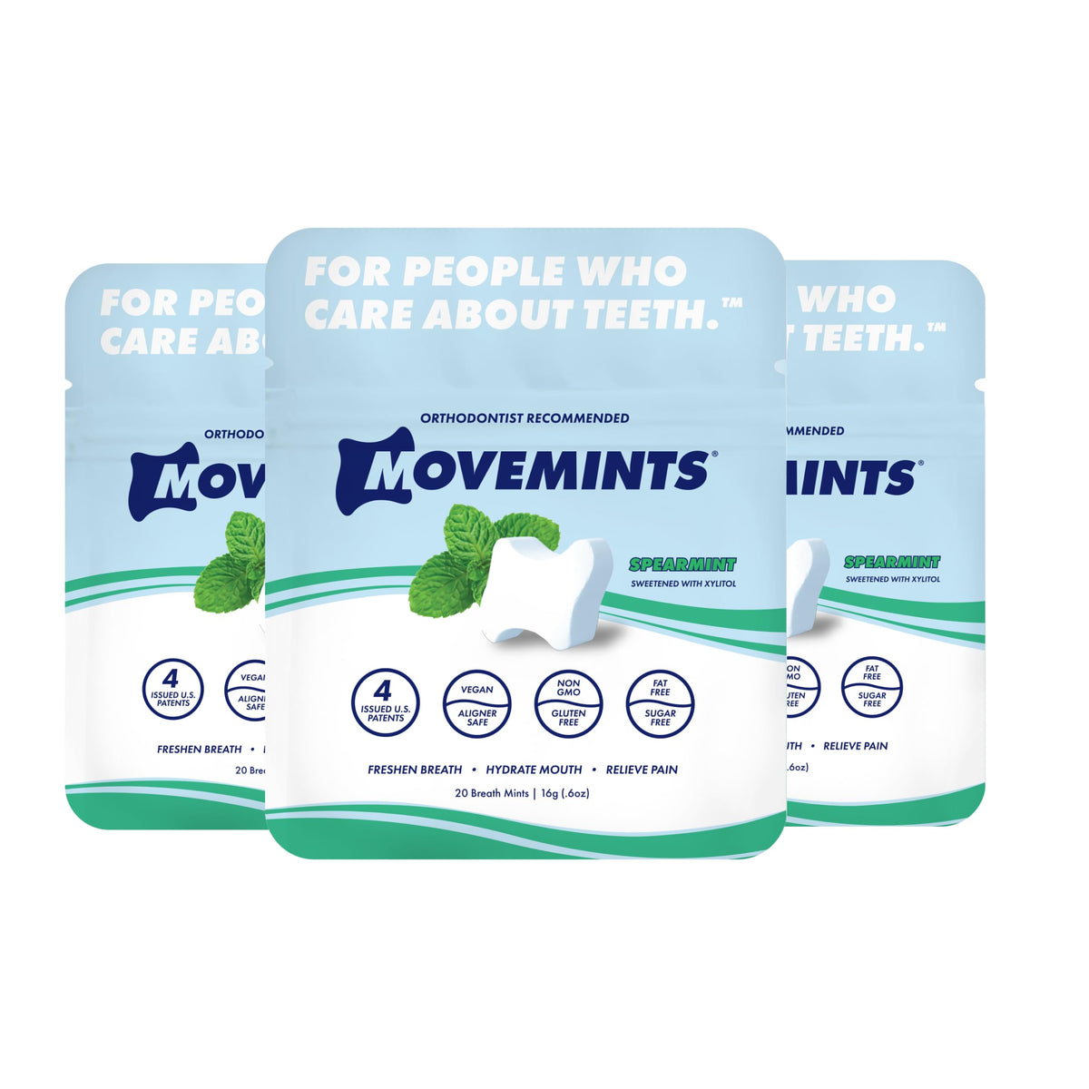 Movemints Clear Aligner Mints - Patented Aligner Seating Mints - Edible Alternative to Aligner Chewies - Xylitol Mints for Dry Mouth - Spearmint (3 Pack)