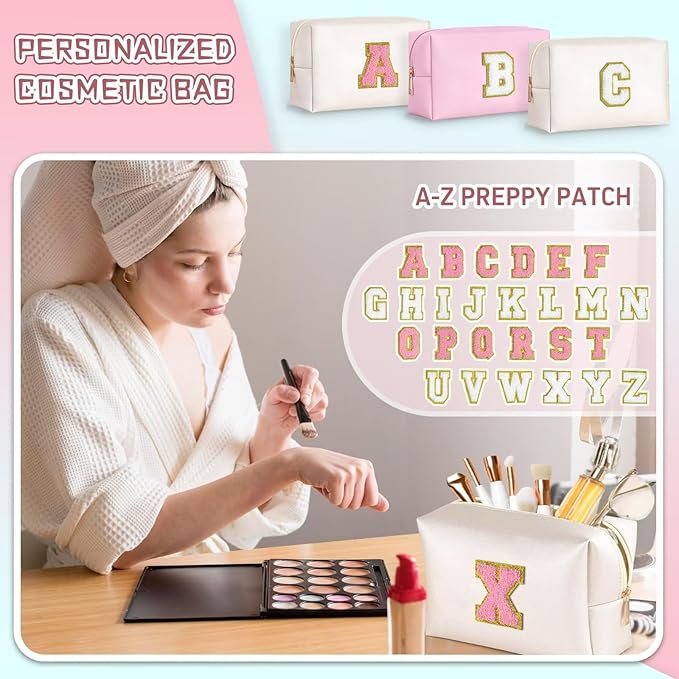 TOPEAST Birthday Gifts for Girls, Travel Makeup Bag Chenille Letter Pouch Cosmetic Bag, Makeup Travel Organizer, Monogrammed Bridesmaid Gifts for Women, Cute Stuff for Girls (Pearly White J)
