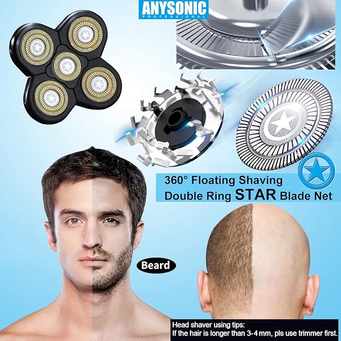 Universal 5 Blades Men's Electric Shaver Replacement Heads (5 Star series) for Head Shaver Universal replacement heads Wet and Dry (5 Blades, Black)