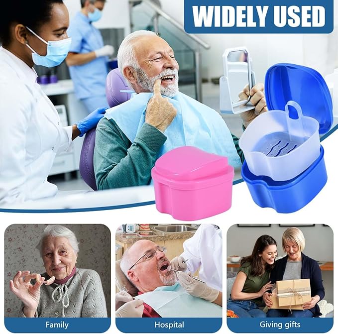 2 Pack Colors Denture Bath Case Cup Box Holder Storage Soak Container with Strainer Basket for Travel Cleaning (Blue and Pink)