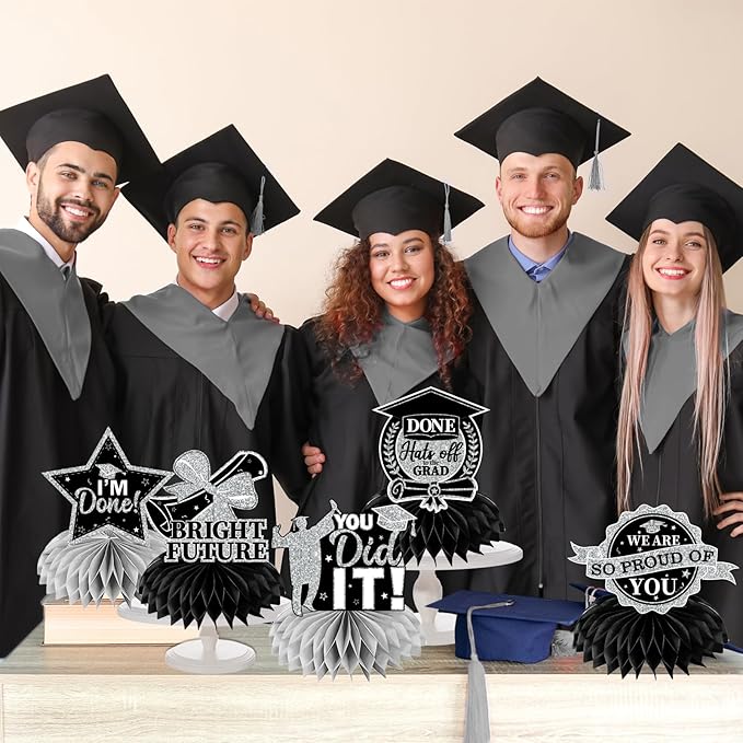 12pcs Graduation Table Decorations,Black Silver Graduation Decorations 2026 Graduation Centerpieces for Tables,Class of 2026 Centerpieces Honeycomb for Congrats Grad Table Decor(Black)