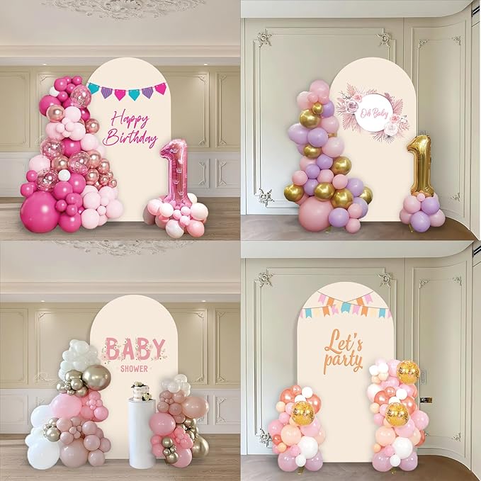 Metal Arch Backdrop Stand and Cover Set, 6.6FT Beige Reusable Spandex Fitted Backdrop Cover and Gold Wedding Arch Frame for Baby Shower, Birthday, Parties Decoration.
