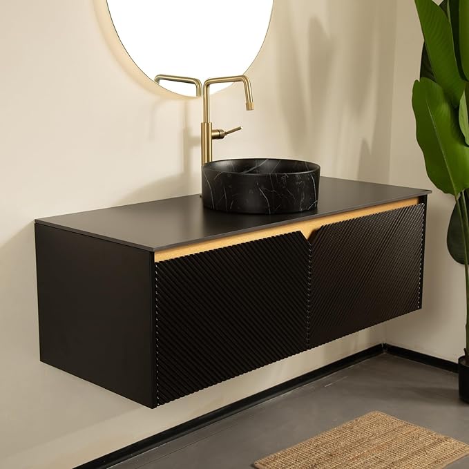 48 Inch Bathroom Vanity with Sink, Floating Fluted Vanity with Vessel Sink, Modern Wall Mounted Bathroom Vanity Cabinet with 2 Doors, Black Vessel Sink & Sintered Stone Top, Black