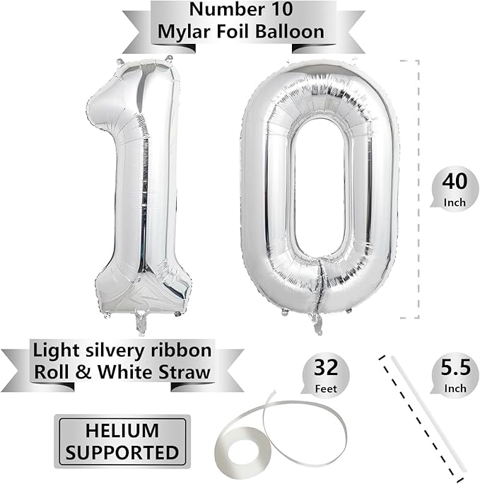 Number Balloons Silver Party Balloon - Giant Number 10 Balloon, 40 Inch Large Balloon for 10th Birthday Decorations, Silver Party Supplies for Anniversary