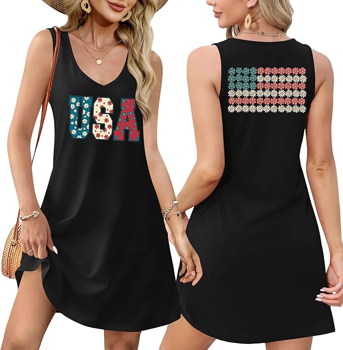 LHBNK 4th of July Dress for Women: American Flag Tank Dresses Star Striped Splicing Loose V Neck Sundresses