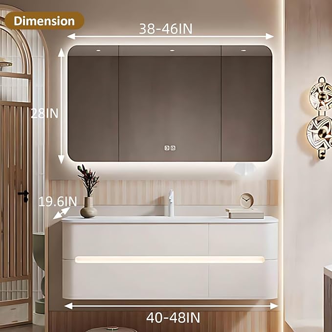 40IN Bathroom Vanity - Bathroom Vanity with Sink with Intelligent Induction Light | Wall-Mounted Bathroom Vanity with Intelligent LED Mirror Cabinet & 6 Drawers, Cream Color