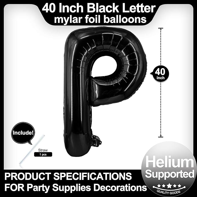 40 Inch Black Letter P Balloons, DIY Phrase Foil Alphabet Letter P Balloons DIY Word P Banner for Birthday Anniversary Celebration Graduation Party Supplies Decoration
