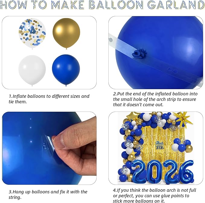 Graduation Balloon Garland Arch Kit for Graduation Decorations Class of 2026 - Blue Gold and White Balloons Different Sizes 5 12 18 Inch Graduations Balloons Arch for Grad Party Supplies