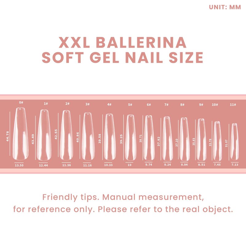 Allkem Soft Gel Nail Tips - XXL Ballerina Nail Extensions with Refill Bag - 12 Sizes Extra Extra Long Full Cover Nails - Clear (504 Pieces)