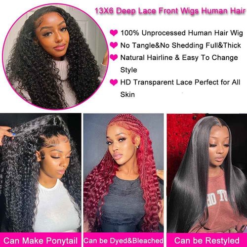 Nervoss Water Wave 13x6 HD Transparent Lace Front Wigs Human Hair Pre Plucked Deep Wave Glueless Wigs Human Hair 180% Denisty Lace Frontal Wigs Human Hair for Women Natural Black Color 22 Inch