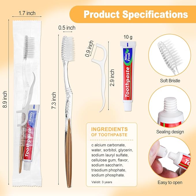 50pcs Disposable Toothbrushes with Toothpaste Floss Individually Wrapped, Disposable Toothbrush Bulk, 10g Toothpaste, Dental Floss Pick, Bulk Toothbrush Kit for Homeless,Airbnb,Hotel,Guest