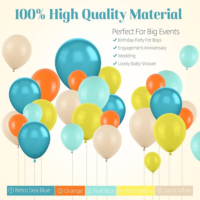 FunHot Blue Yellow and Orange Balloon Arch Garland Kit with Dusty Blue Teal Sand White Latex Balloons For Boho Sun Boy Birthday Son Baby Shower Decorations
