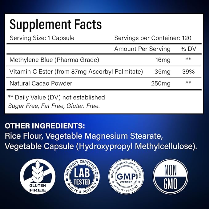 FloraBliss 120 Methylene Blue Capsules - 16mg | Natural Cacao and Vitamin C Ester for Added Support | Vegan, Non-GMO, Gluten-Free