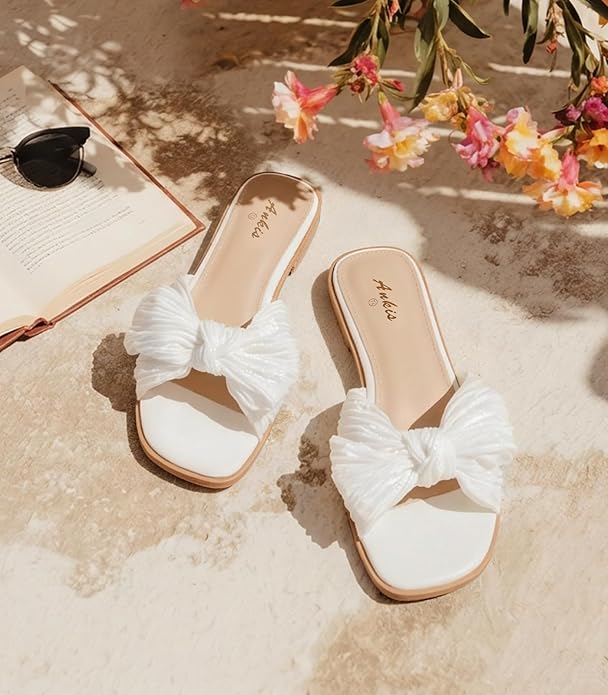 Ankis Womens Pleated Bow Flat Sandals White Gold Sandals for Women 2026 Dressy, Comfortable Open Toe Dress Sandals for Summer Beach Wedding Party Graduation Slip On Slides Sandals