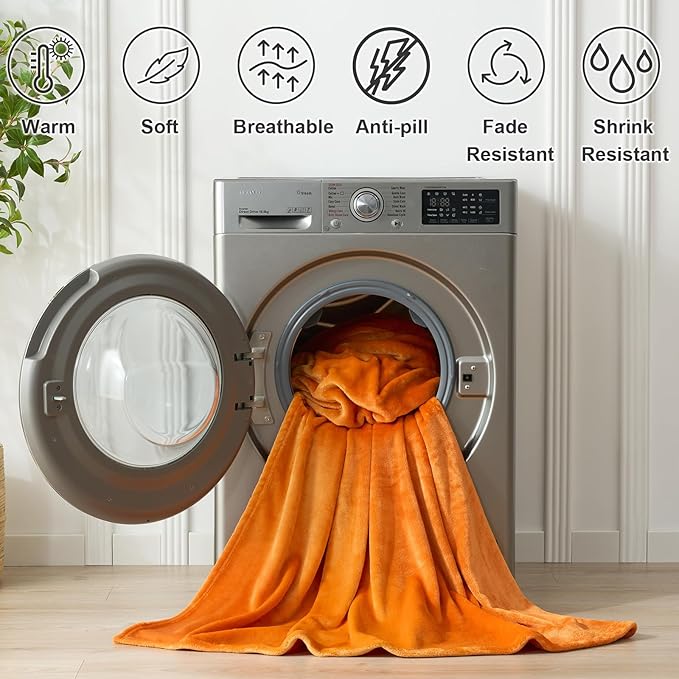 Hansleep Fleece Orange Queen Blanket, Super Soft Flannel Fuzzy Plush Cozy Blanket for All Seasons, Orange, Queen 90x90 Inches