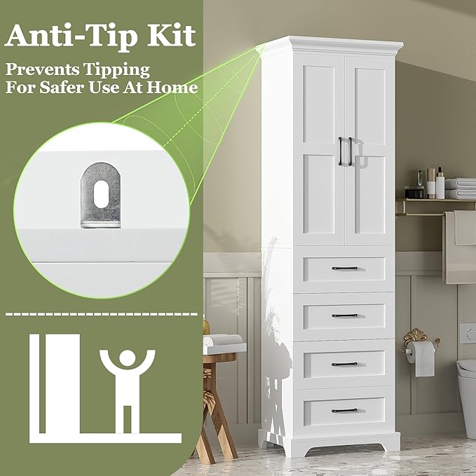 Tall Freestanding Storage Cabinet with 2 Doors & 3 Drawers, Multi-Purpose Organizer with Adjustable Shelf for Bathroom, Office, Living Room, White