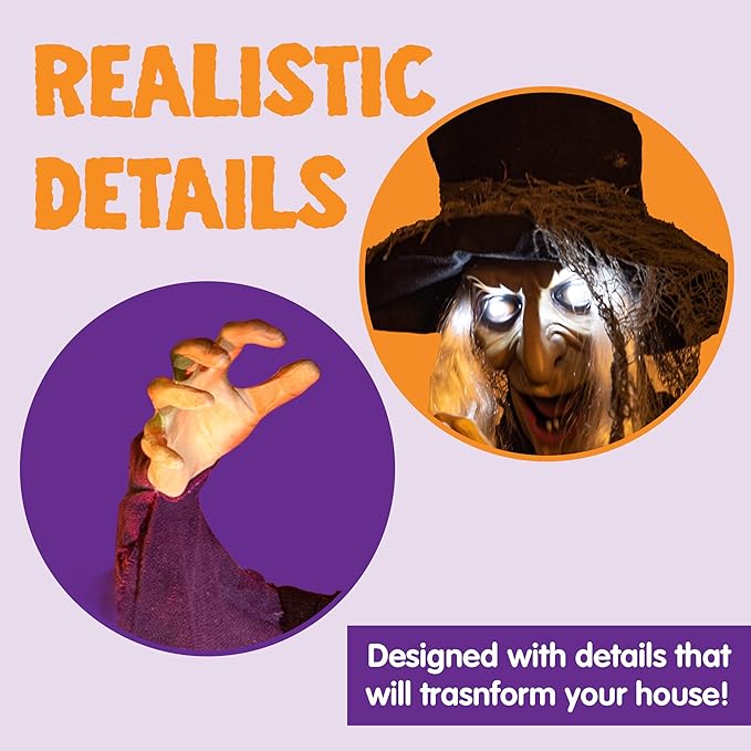 JOYIN 72” Halloween Hanging Witch Decorations Outdoor, Flying Talking Ghost Decor Light Up Eyes Sound Activated, Outside Indoor Haunted House Prop for Lawn Yard Garden, Purple