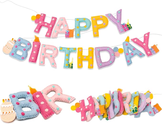 Updated Pre-Strung Handmade Wool Felt Pastel Happy Birthday Banner, Unique 3D Confetti Dots Happy Birthday Garland Decor, Reusable Happy Birthday Sign for Macaron Rainbow Party Backdrop Decorations