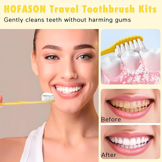 HOFASON Disposable Toothbrushes with Toothpaste Pack of 300, Yellow Hollow Travel Toothbrush Set with 5g Bulk Toothpaste Individually Wrapped for Homeless, Nursing Home, Shelter, Hotel
