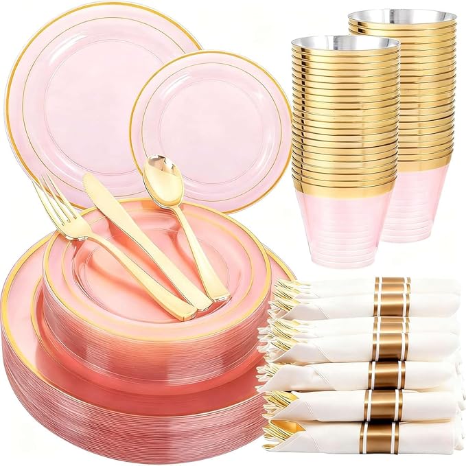WELLIFE 350Pcs Clear-Pink Plastic Dinnerware- Pink and Gold Plastic Dinnerware include 50 Dinner Plates, 50 Dessert Plates, 150 Gold Silverware, 50 Cups and 50 Napkins Perfect for Parties