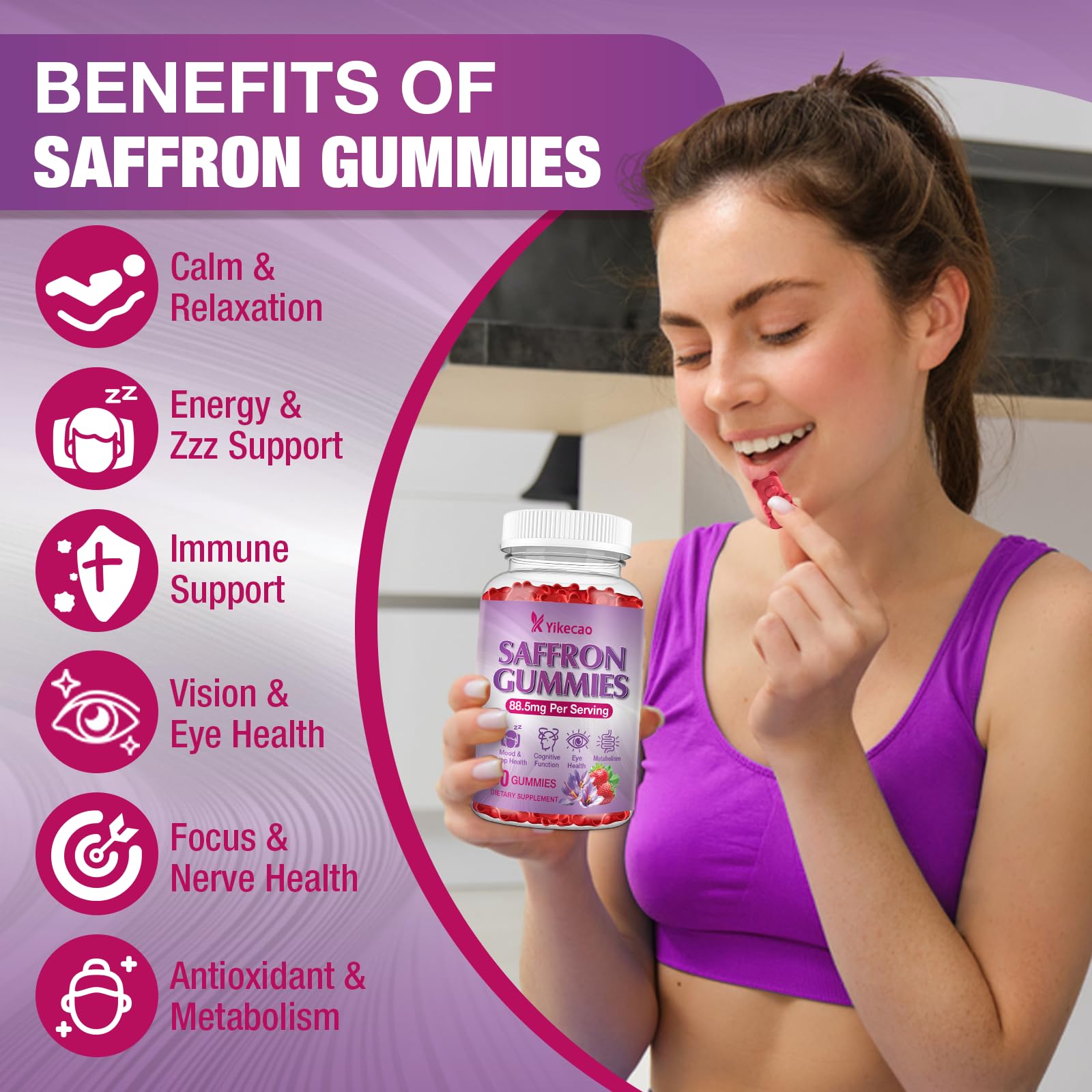 2 Pack Saffron Supplements Gummies for Kids & Adult, 88.5mg Saffron Extract with Vitamin D3, B6, Magnesium, Ashwagandha, L-Theanine for Clam, Energy, Focus, Sugar-Free, Strawberry Flavor, 120 Count